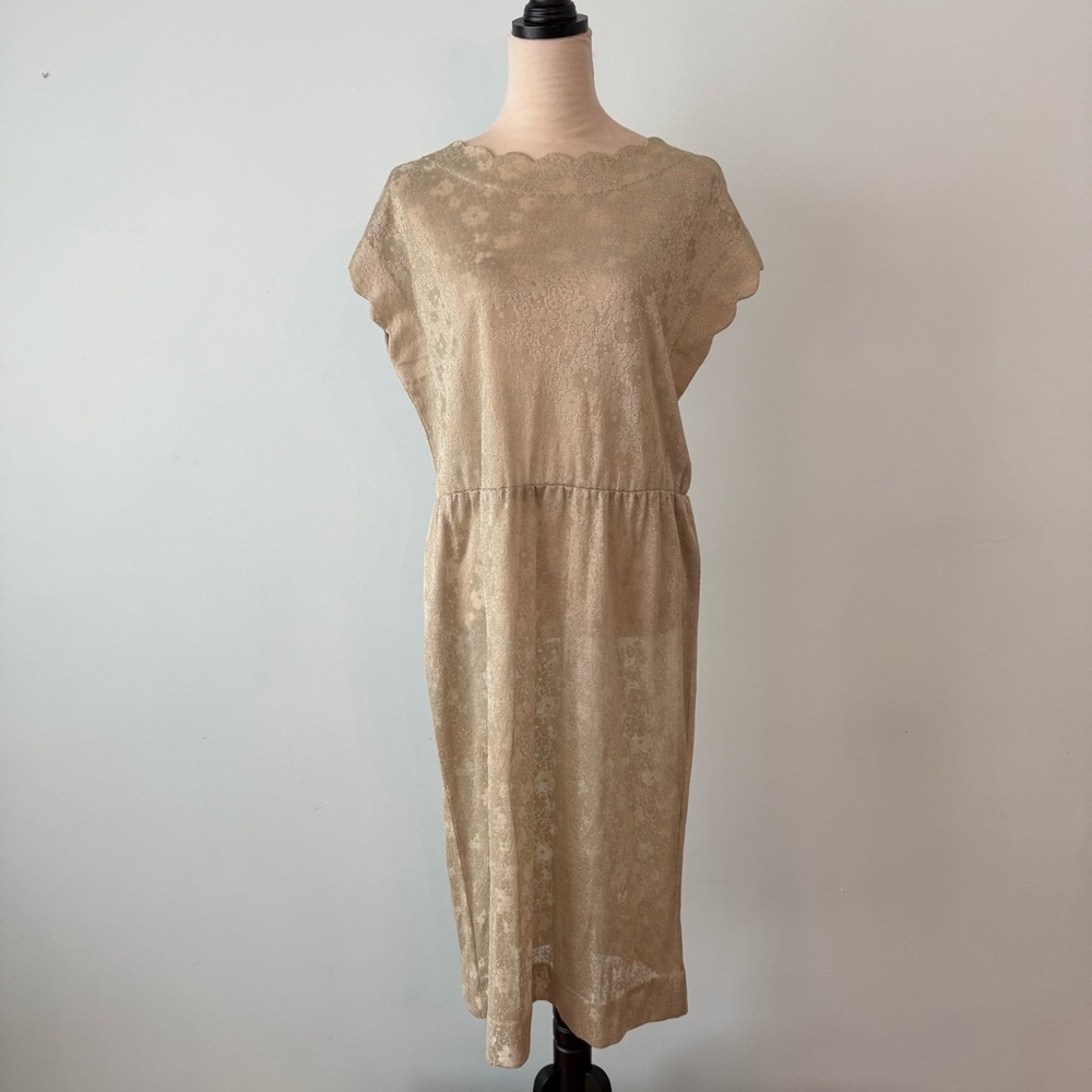 💚 Vintage Sage Green Sheer Jacquard Belted Midi Dress Scalloped Neck - Picture 10 of 14